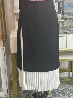 Black & White Pleated Midi Skirt with Side Slit